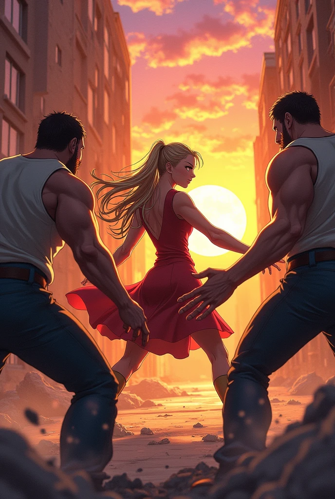 3 men fighting a beautiful young woman open tired anime