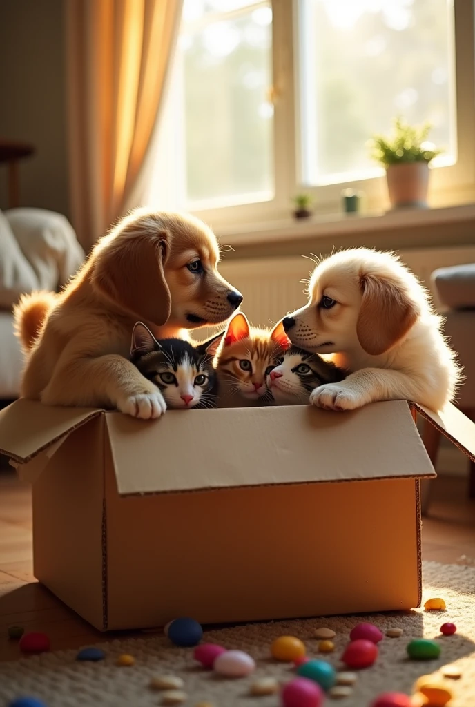 Dogs and cats together inside a box