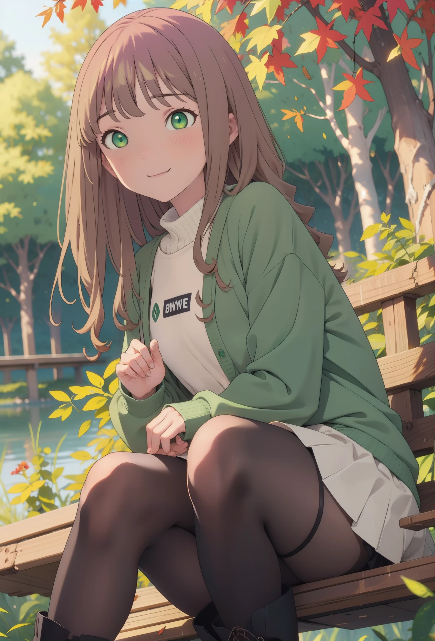 minami yume ,sss Dynazenon ,length, Long, thick braids, Brown Hair, smile,blush,(Green Eyes:1.5) ,Blue v-neck sweater,Long skirt,Black pantyhose,short boots,Walking,whole bodyがイラストに入るように,autumn leaves,autumn leavesが散っている,autumn leavesが積もっている,Sitting on a bench,
break looking at viewer, whole body,  
break outdoors, garden,
break (masterpiece:1.2), Highest quality, High resolution, unity 8k wallpaper, (shape:0.8), (Beautiful and beautiful eyes:1.6), Highly detailed face, Perfect lighting, Extremely detailed CG, (Perfect hands, Perfect Anatomy),