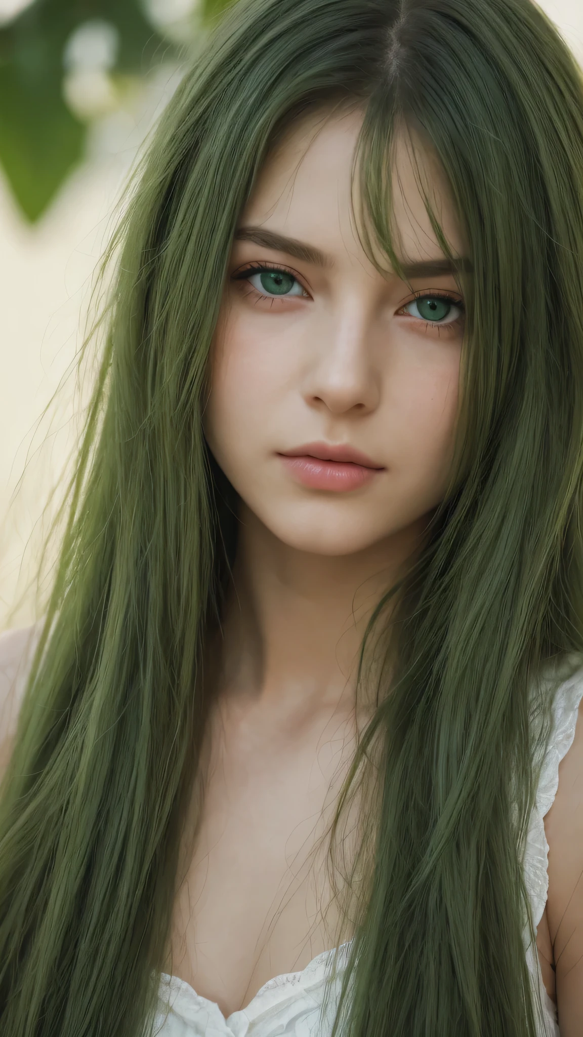 a girl. European. Extremely detailed face. Oval face. Delicate facial features. Half-closed eyes. Long straight hair. Messy hair. Green hair. Green eyes. sad. Shy