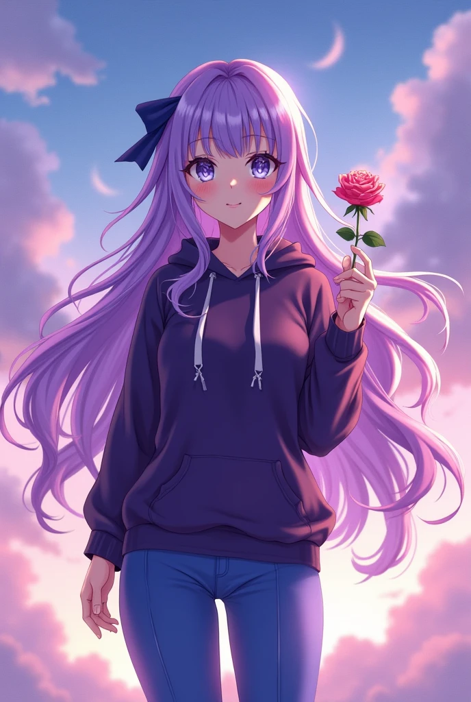 A beautiful girl, with pirpal hair, with white eyes, with derk purple hudi with blue pant, a rose in his hand, anime