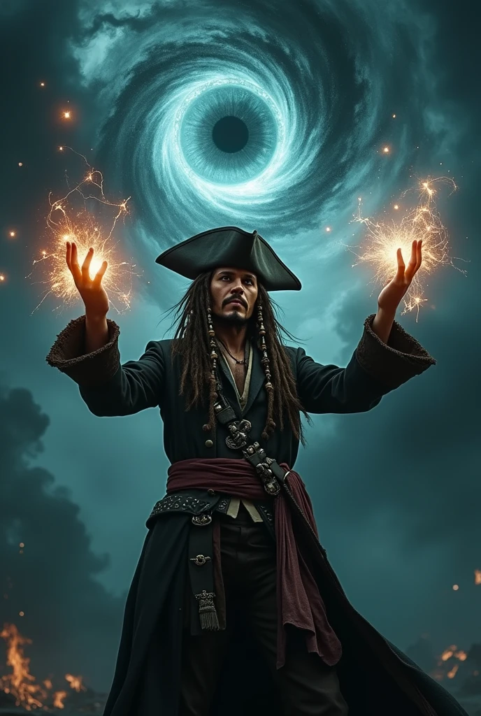 Make Jack Sparrow raising his hands while making energy coming out of his hands and looking at the dark sky with a cosmic dark eye, around the eyes there is black smoke