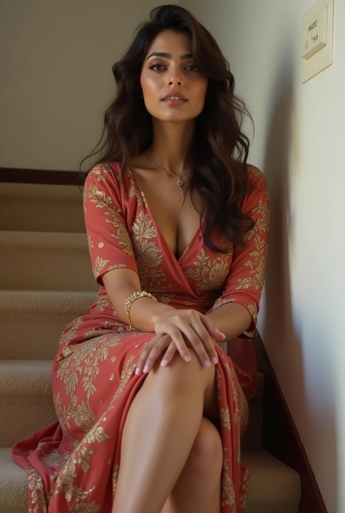 Beautiful Pakistani woman 20 Year old, boobs ,sitting on stairs showing feet