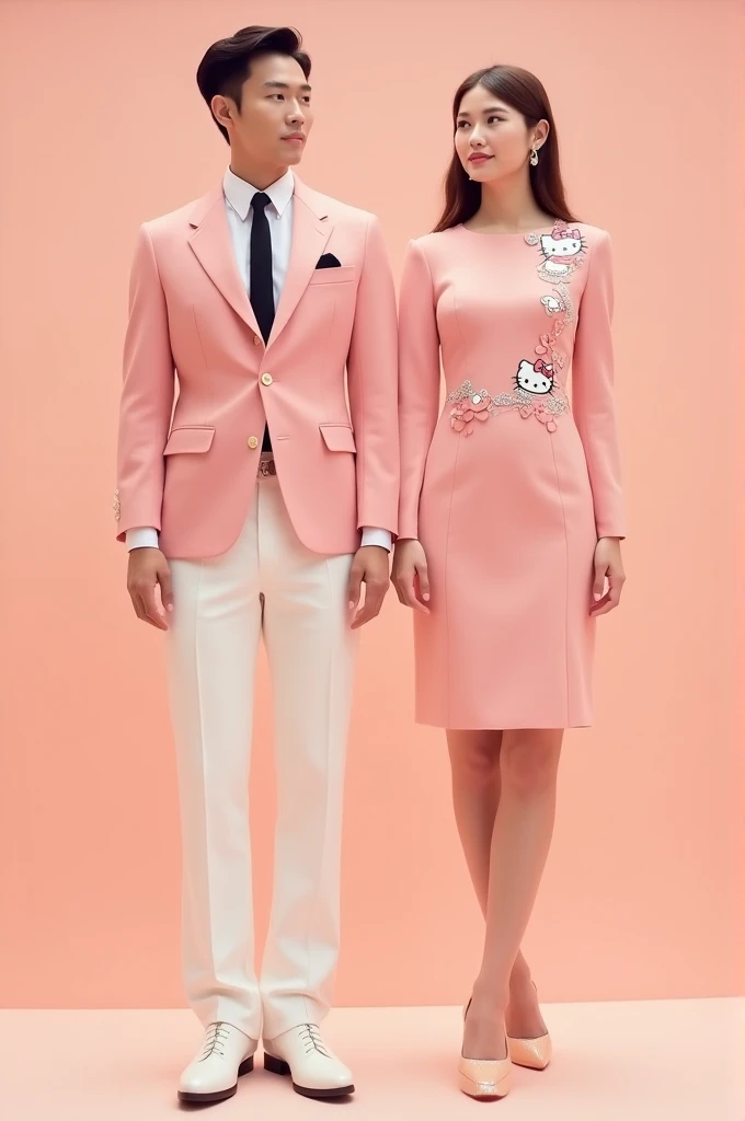 Create a uniform for a man and another for a woman with pink and Hello Kitty colors but that look formal