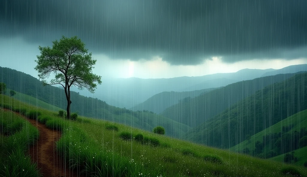 Landscape of heavy rain、Transparent background