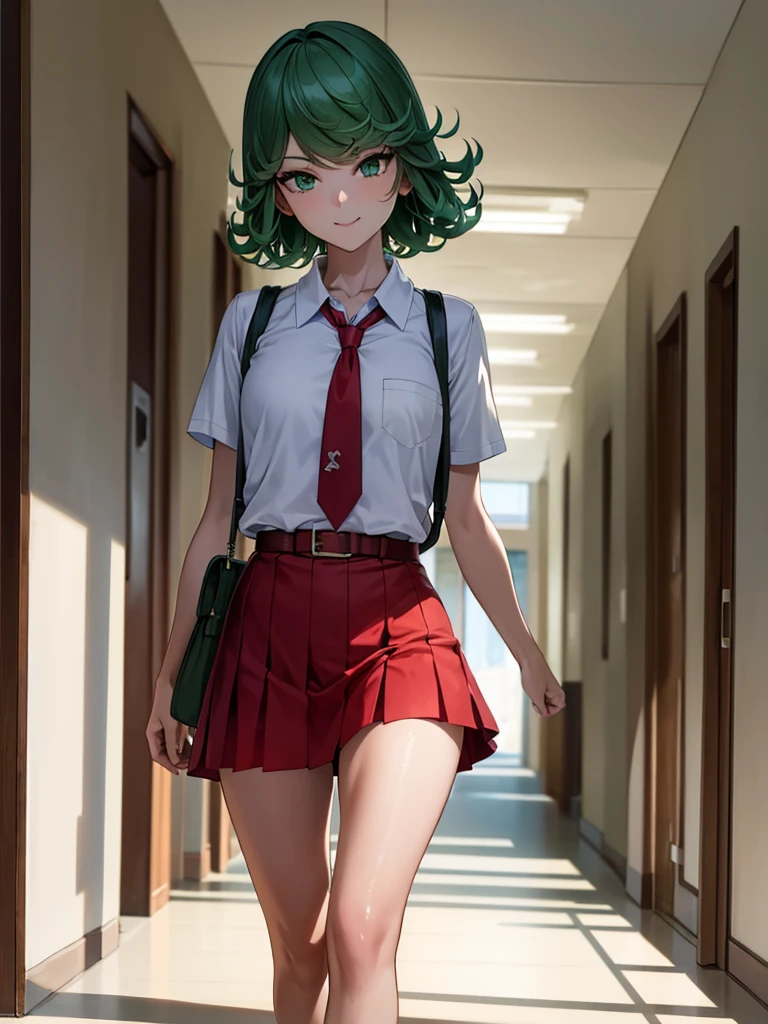 (high res, 8K, masterpiece, looking at viewer, best quality, very aesthetic, ultra detailed, ultra background, ultra Eyes) intricate details, 1girl, Tatsumaki, Green Short Hair, Green Eyes, short sleeved white shirt, Smile Face, pocket on left chest, wearing a red tie, red short skirt, wear a belt, wearing a school bag, walking in the school hallway, Background school hallway, School, Cinematic Angle