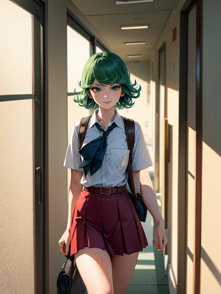 (high res, 8K, masterpiece, looking at viewer, best quality, very aesthetic, ultra detailed, ultra background, ultra Eyes) intricate details, 1girl, Tatsumaki, Green Short Hair, Green Eyes, short sleeved white shirt, Smile Face, pocket on left chest, wearing a red tie, red short skirt, wear a belt, wearing a school bag, walking in the school hallway, Background school hallway, School, Cinematic Angle