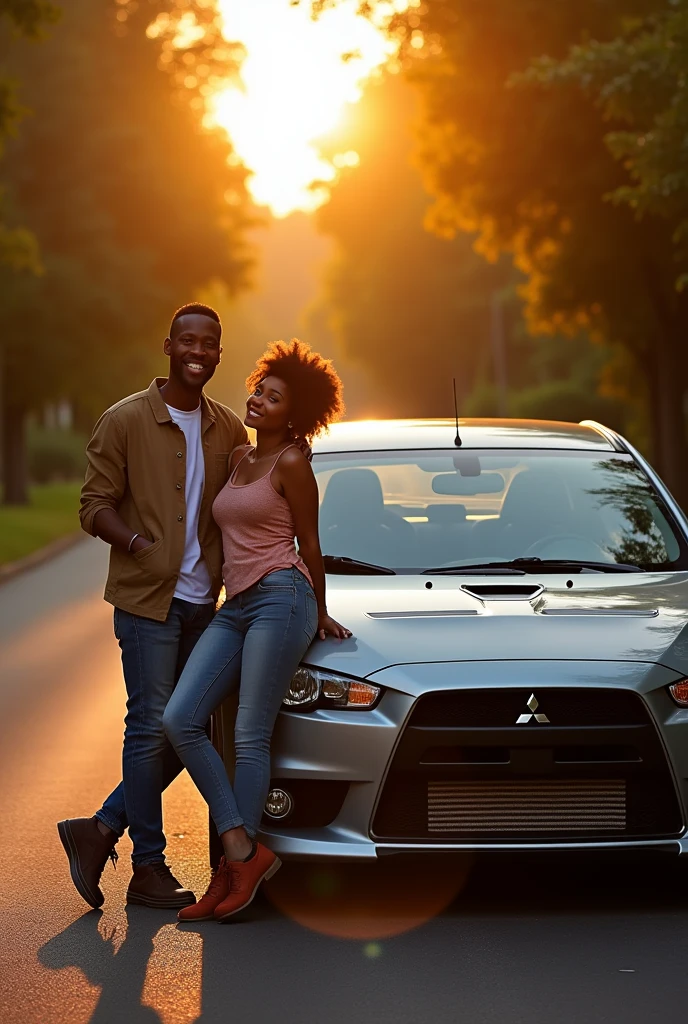 Black man with a white woman leaning against a Mitsubishi Lancer on a road drawing