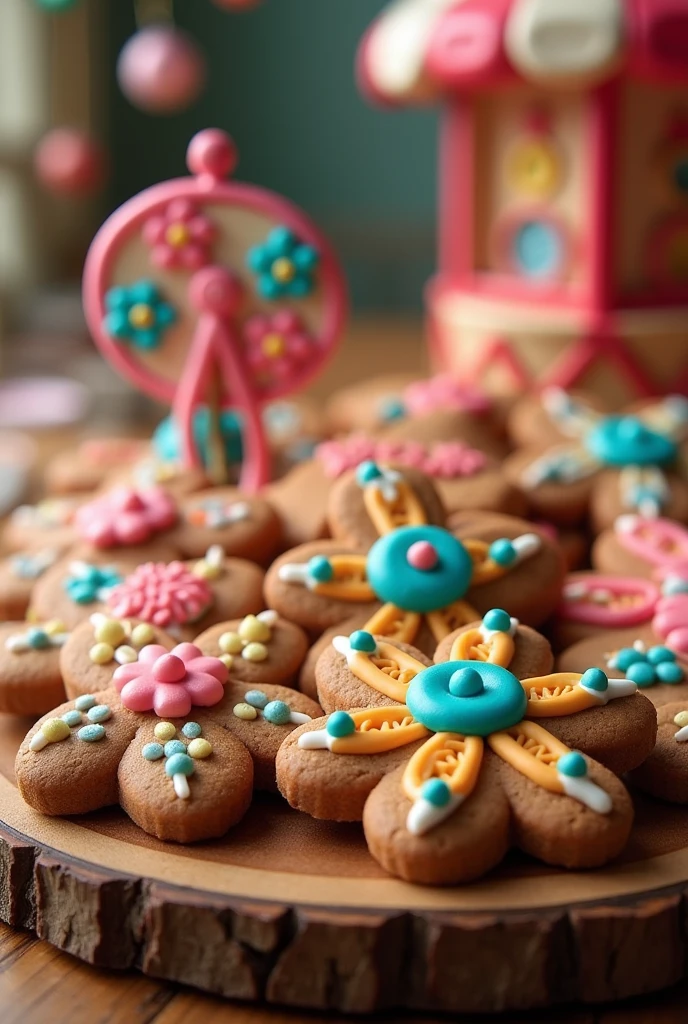 some flat gingerbread cookies with icing, that have the form of mechanical games, Wheels, bumper cars