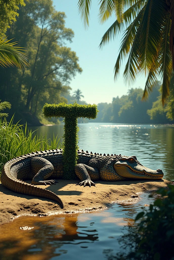 I want a crocodile with its body lying down, with the T in the middle of the crocodile and the T in the lower part of its body, almost at the tail, like surrounding the T with the tail.