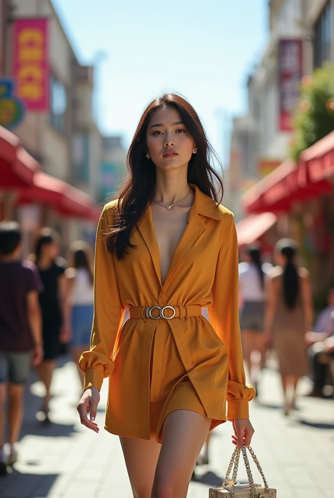 Asian Korean beautiful model, best quality,masterpiece,ultra high resolution,(actual:1.4),original photo,ultra high definition,lifelike,Surrealist 8K,1 girl,tall,long legs,Exquisite makeup,fashionable clothes,Tasteful outfit,young and energetic,Outdoors during the day,Walking street shopping,street photography,Super cool,model