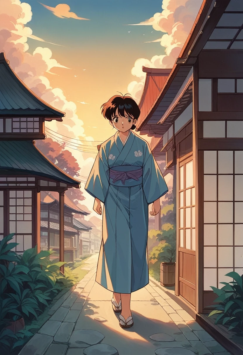 Kyoto, Kyoto town, feng shui, Japanese art style, sunrise, feng shui, modern, retro, hope, motivation, woman in yukata walking