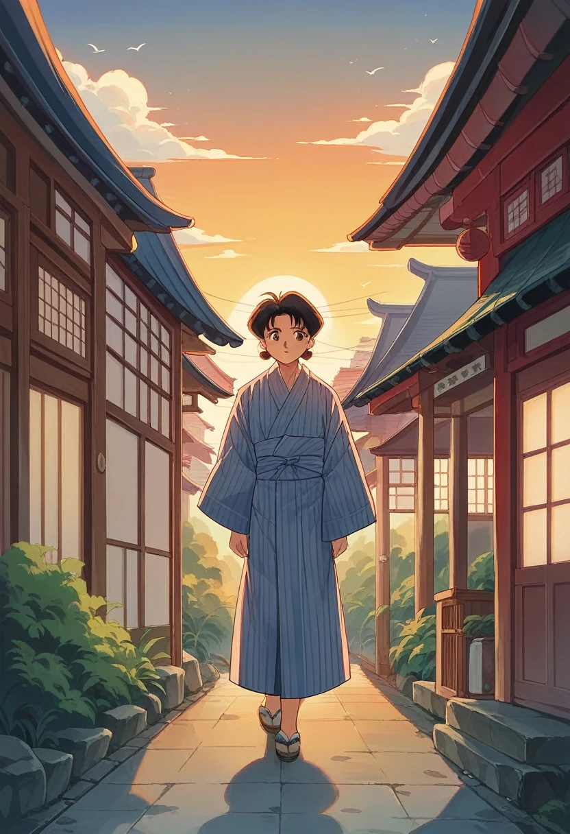 Kyoto, Kyoto town, feng shui, Japanese art style, sunrise, feng shui, modern, retro, hope, motivation, woman in yukata walking