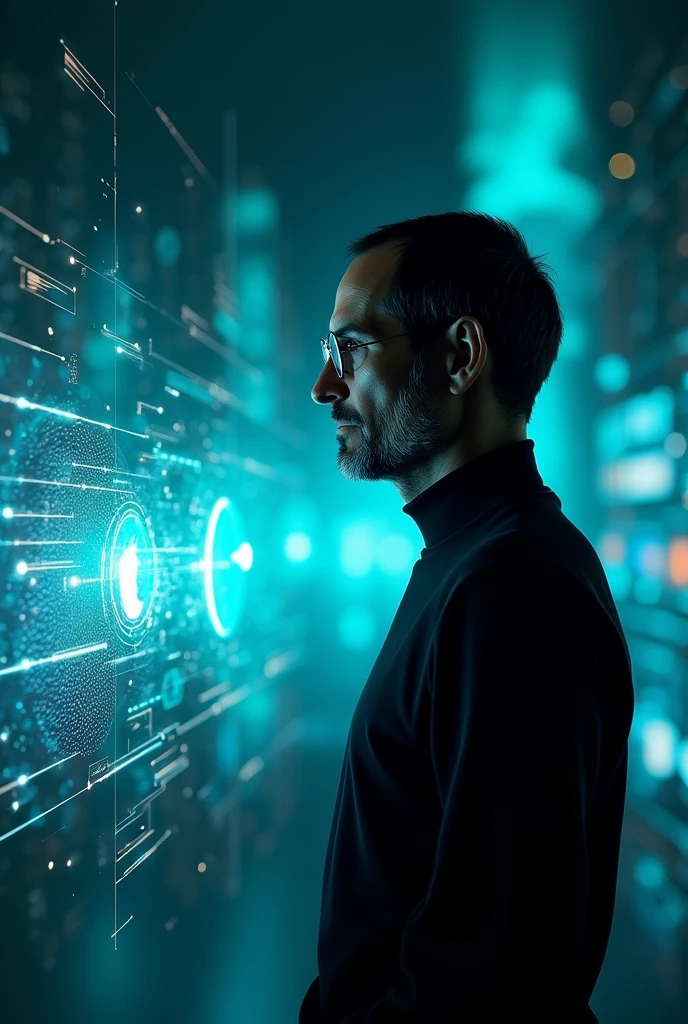 Silhouette of Steve Jobs observing a holographic model of a project, the iconic figure merging with futuristic technology. The image captures Jobs' enigmatic profile against the glowing projection, his visionary spirit palpable. This digitally rendered painting flawlessly depicts every contour of his features, from the signature turtleneck to the piercing gaze. The vibrant colors and sharp details make this image a masterpiece, exuding a sense of innovation and creativity.