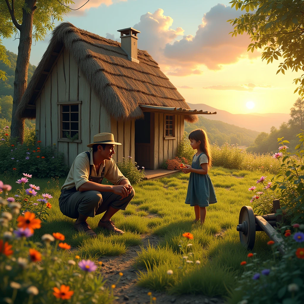 A village scene, with a small hut, farmer and his daughter in front.