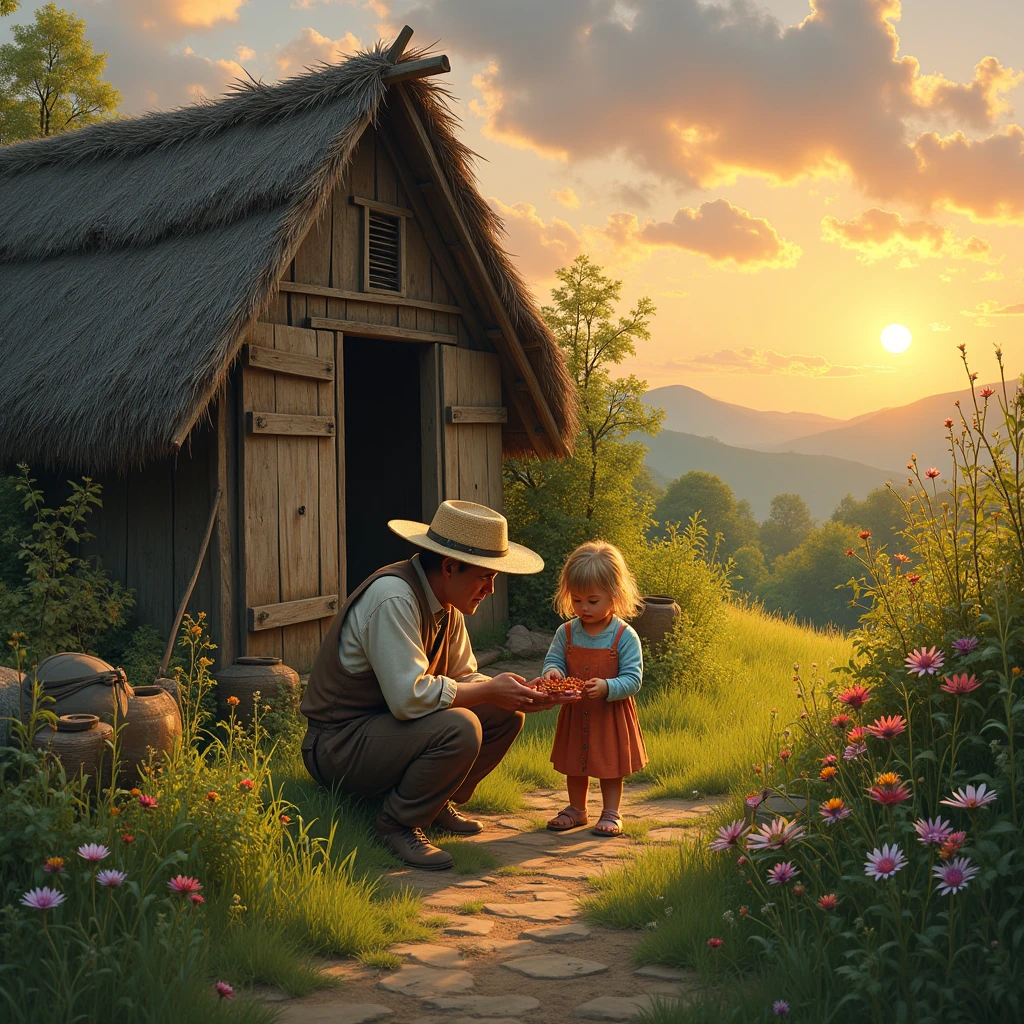 A village scene, with a small hut, farmer and his daughter in front.