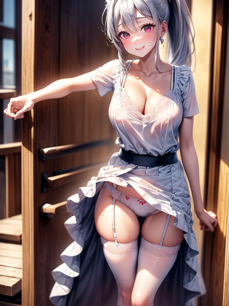 (high resolution, 8ก, Masterpiece, look at viewer, best quality, very beautiful, very detailed, Special background, Ultra Eyes, realistic eyes), complicated details, 1 girl, Silver ponytail, red eyes, White short sleeve shirt, Arching her butt to the camera angle while turning her face to smile., white panties, With garter belt,