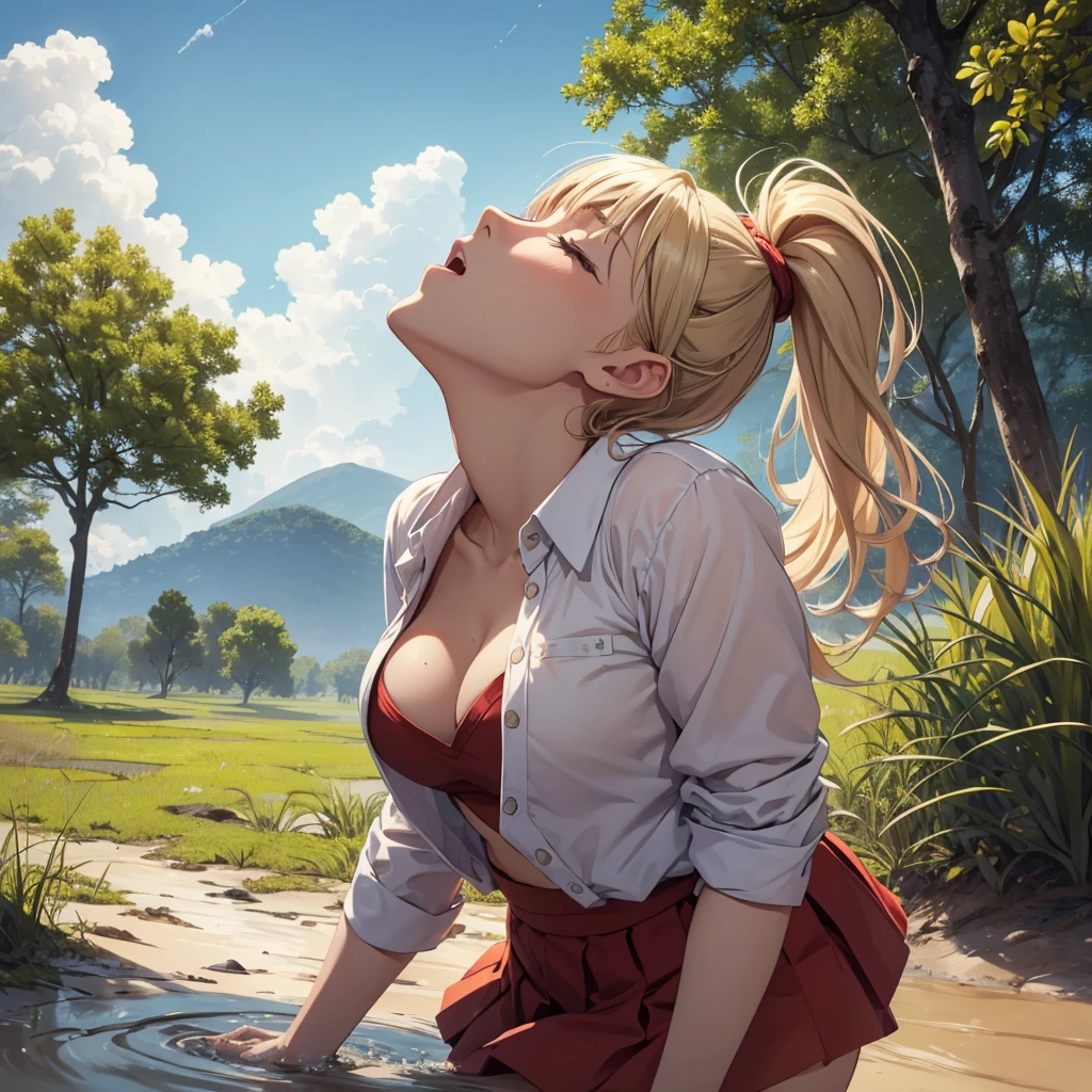 1girl, solo:1.5, masterpiece, best quality, high res, highly detailed, (illustration), beautiful detailed eyes, yuigahama yui, blonde hair ponytail, glossy lips, light makeup, orgasm, (looking up to the sky:1.5), (mouth open:1.2), intimate moment, school shirt, red skirt, hips, cleavage, (quicksand:1.4), (from side:1.4), bog, swamp, grass, trees, (eyes closed:1.3), gasping expression,
