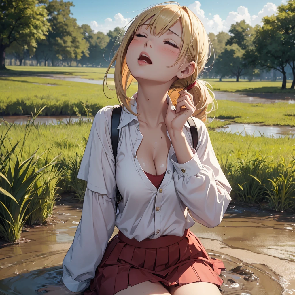 1girl, solo:1.5, masterpiece, best quality, high res, highly detailed, (illustration), beautiful detailed eyes, yuigahama yui, blonde hair ponytail, glossy lips, light makeup, orgasm, (looking up to the sky:1.5), (mouth open:1.2), intimate moment, school shirt, red skirt, hips, cleavage, (quicksand:1.4), (from side:1.4), bog, swamp, grass, trees, (eyes closed:1.3), gasping expression,