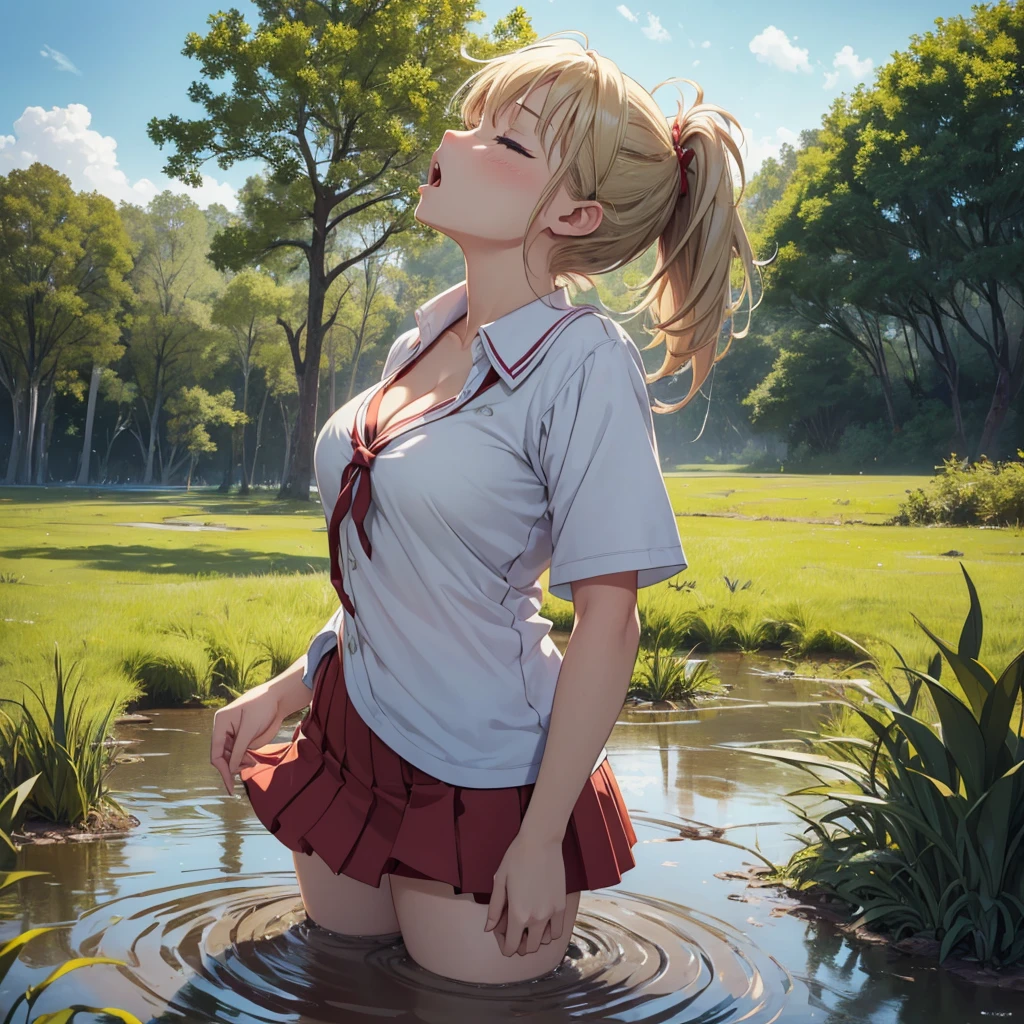 1girl, solo:1.5, masterpiece, best quality, high res, highly detailed, (illustration), beautiful detailed eyes, yuigahama yui, blonde hair ponytail, glossy lips, light makeup, orgasm, (looking up to the sky:1.5), (mouth open:1.2), intimate moment, school shirt, red skirt, hips, cleavage, (quicksand:1.4), (from side:1.4), bog, swamp, grass, trees, (eyes closed:1.3), gasping expression,