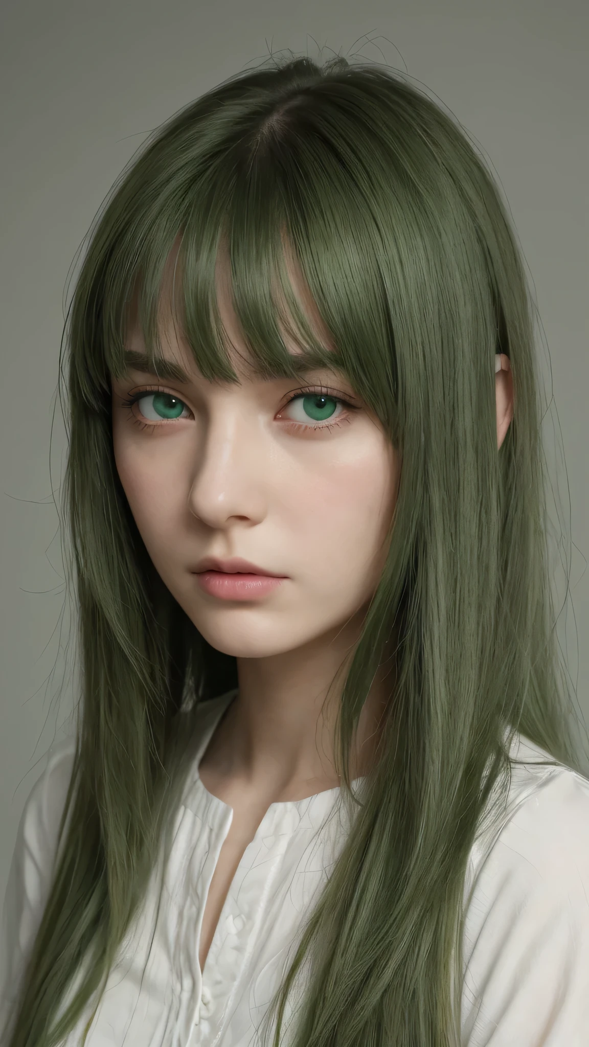 a girl. European. Extremely detailed face. Oval face. Delicate features. Half-closed eyes. Long straight hair. Messy hair. Bangs. Green hair. Green eyes. Angry. Shy. Straight face