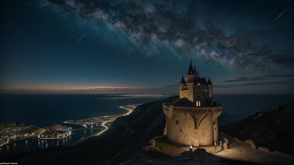 A medieval-style castle made of coloured iridescent transparent glass standing on a cliff top. At night the vast galaxies visible in the sky. A crescent moon hangs off to the side. Below the cliff, a vast lake reflects the moon and stars above. Photo realistic