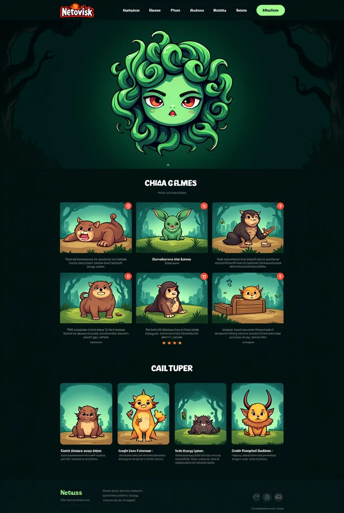 Design a simple and beautiful website for downloading games, featuring a minimalist and cartoonish style. The homepage starts with the Medusa logo at the top, paired with the brand name 'Netovisk,' both designed in a way that complements the Medusa theme with a playful and artistic touch. The color palette includes dark tones like black and emerald green, balanced with soft, subtle accents. Below the header, showcase a variety of games available for download. The art style is non-realistic, focusing on simple, clean, and minimalistic cartoon-like illustrations that create a visually appealing yet straightforward layout.