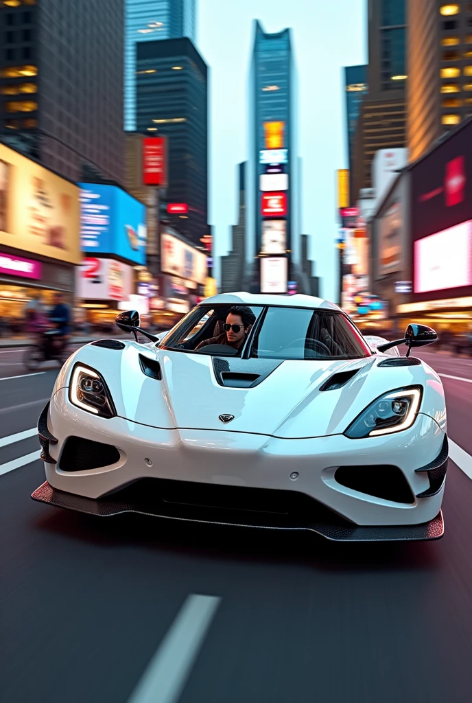 A white Koenig Segregera R driving against a city background