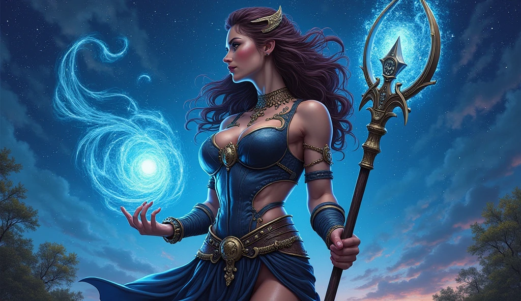 comic art  ((larry elmore style)), dnd art, rpg art, realistic art, female human druid of the stars, guardian of nature, controlling magical energy made of stars, swirling blue stary magical light, divine symbols, under the sky filled with stars, human female, busty, extremally beautiful, ultra feminine, dynamic hair, dynamic hair color, wearing leather armor, holding a staff, moon light, stars,  dynamic natural background,  RPG art, magical atmosphere magic-fantasy-sky full with colorful stars, high details, best quality, 16k, [ultra detailed], masterpiece, best quality, (extremely detailed), dynamic angle, ultra wide shot, photorealistic, ((fantasy art)) ultra best realistic, best details, best quality, 16k, [ultra detailed], masterpiece, best quality, (extremely detailed), ultra wide shot, photorealism, depth of field, hyper realistic painting, 3D rendering