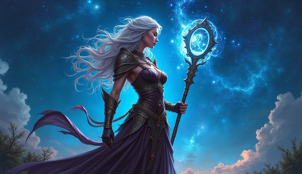 comic art  ((larry elmore style)), dnd art, rpg art, realistic art, female human druid of the stars, guardian of nature, controlling magical energy made of stars, swirling blue stary magical light, divine symbols, under the sky filled with stars, human female, busty, extremally beautiful, ultra feminine, dynamic hair, dynamic hair color, wearing leather armor, holding a staff, moon light, stars,  dynamic natural background,  RPG art, magical atmosphere magic-fantasy-sky full with colorful stars, high details, best quality, 16k, [ultra detailed], masterpiece, best quality, (extremely detailed), dynamic angle, ultra wide shot, photorealistic, ((fantasy art)) ultra best realistic, best details, best quality, 16k, [ultra detailed], masterpiece, best quality, (extremely detailed), ultra wide shot, photorealism, depth of field, hyper realistic painting, 3D rendering