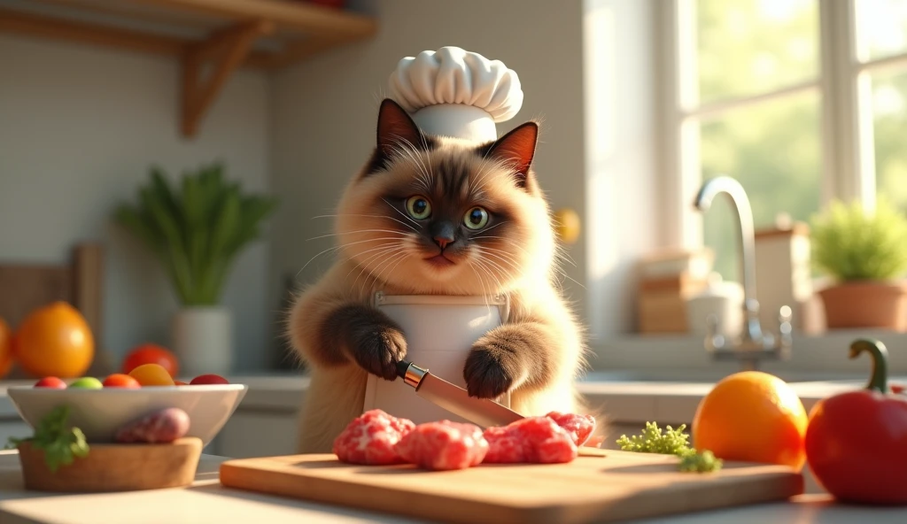 cute big fat siamese cat wear clothes, happy expression, cutting meat beef using knife, Use maximum realistic, As in the photo. In the background, draw a clear kitchen without blurring. ultra realistic, 3d render