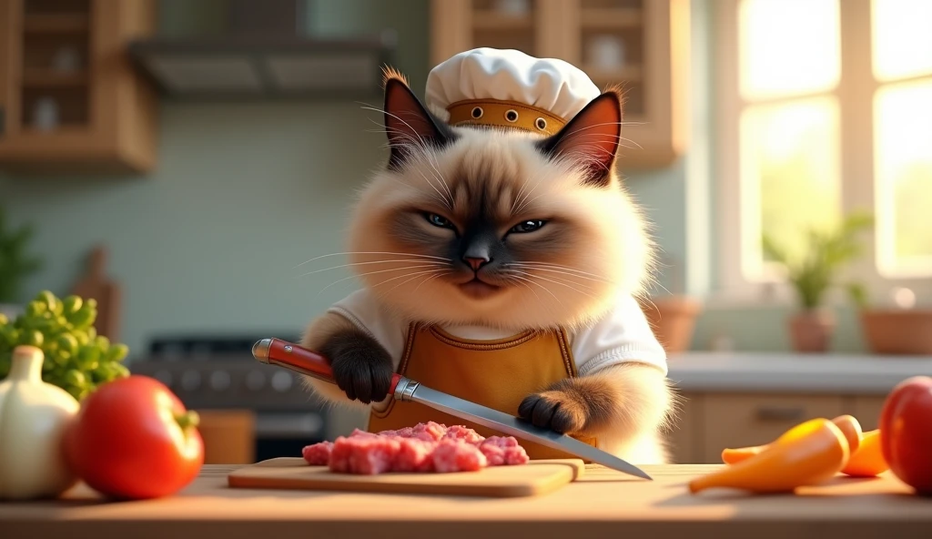 cute big fat siamese cat wear clothes, happy expression, cutting meat beef using knife, Use maximum realistic, As in the photo. In the background, draw a clear kitchen without blurring. ultra realistic, 3d render