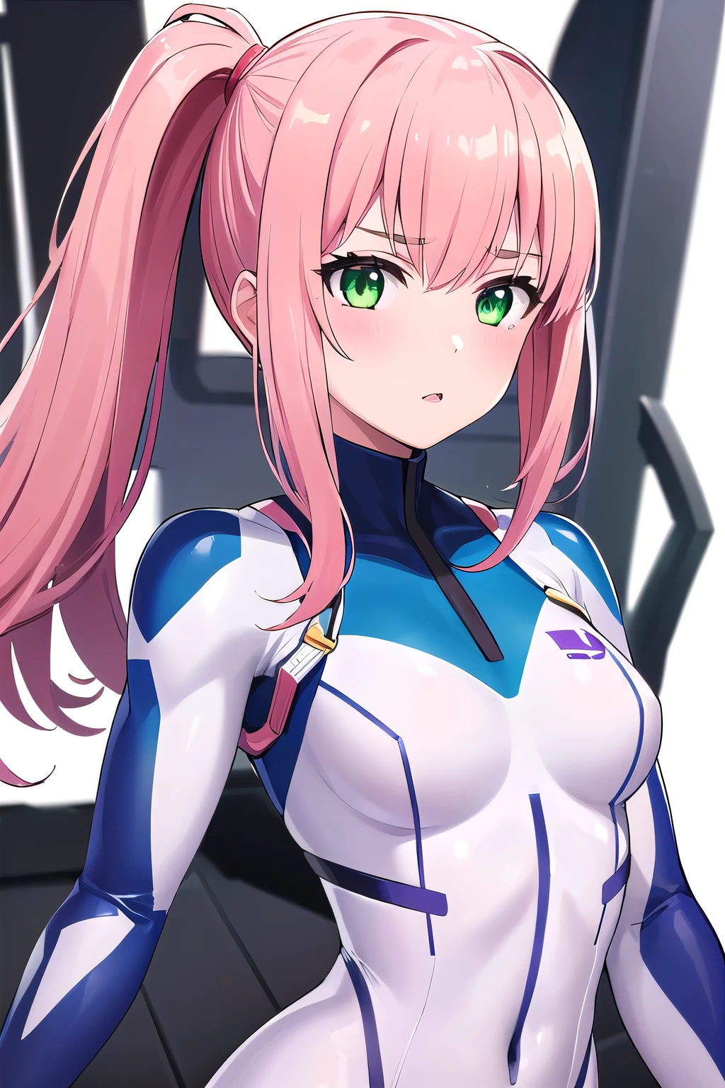 1girl,Samus aran,solo,green eyes, pink hair, forehead hair, white zero suit,white body suit,purple stripes,cowboy shot,blush,,Science fiction,ultra-detailed,sharp focus,aesthetic,(best quality), white background, Ninja Mask