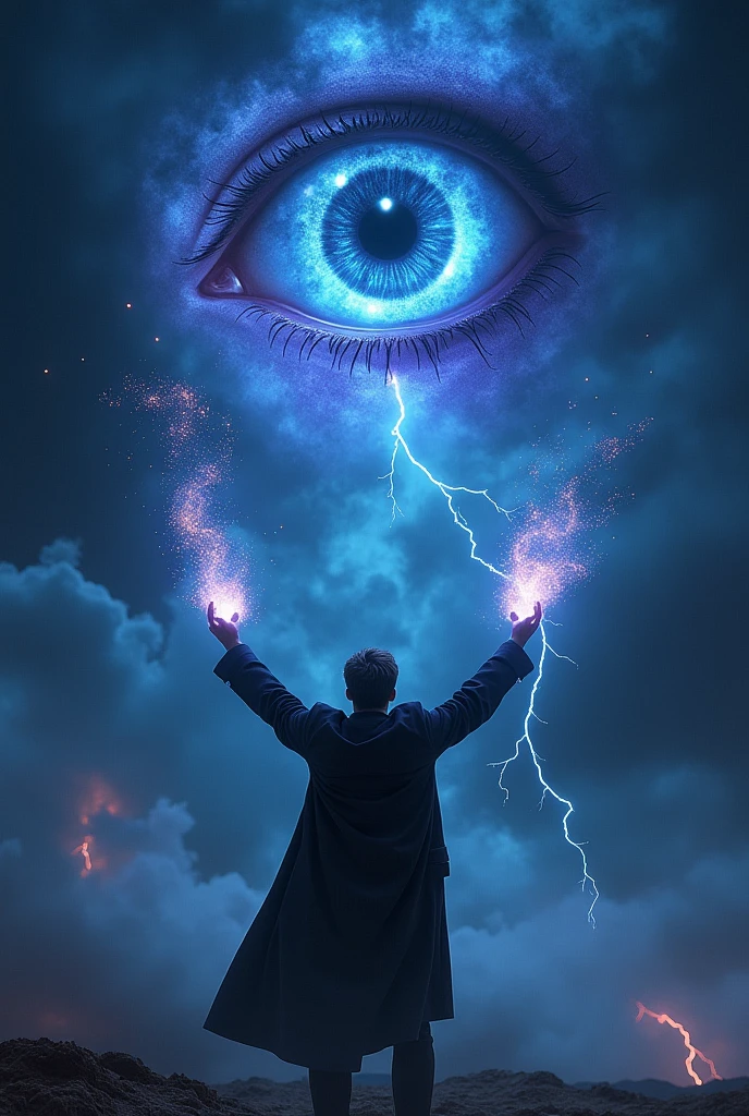 Make Jack from Titanic by raising his hands while making energy coming out of his hands and looking at the dark sky with a cosmic dark eye, around the eyes there is black smoke