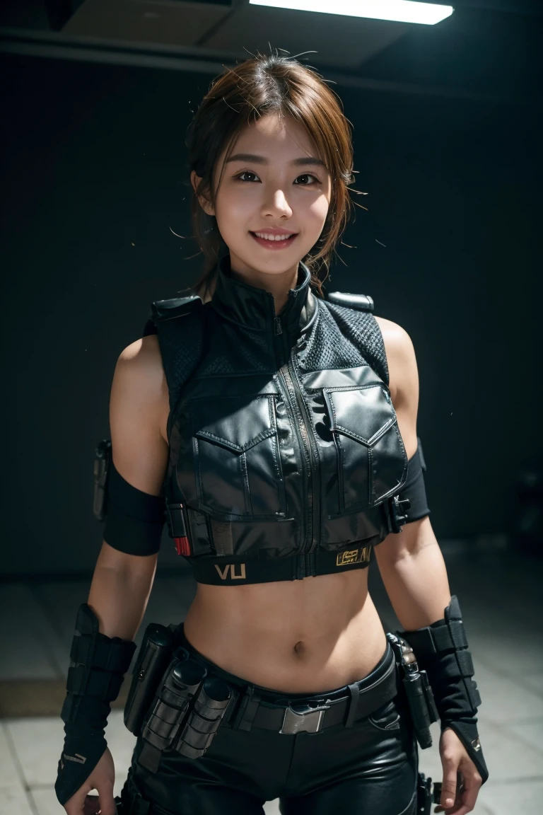 a beautiful girl wearing a tactical vest,Bulletproof vests,fully armed,Navel, cinematic lighting, masterpiece, anatomically correct, hyperrealistic, detailed skin texture, best quality, award-winning, 4K, super detailed, cowboy shot, light smile