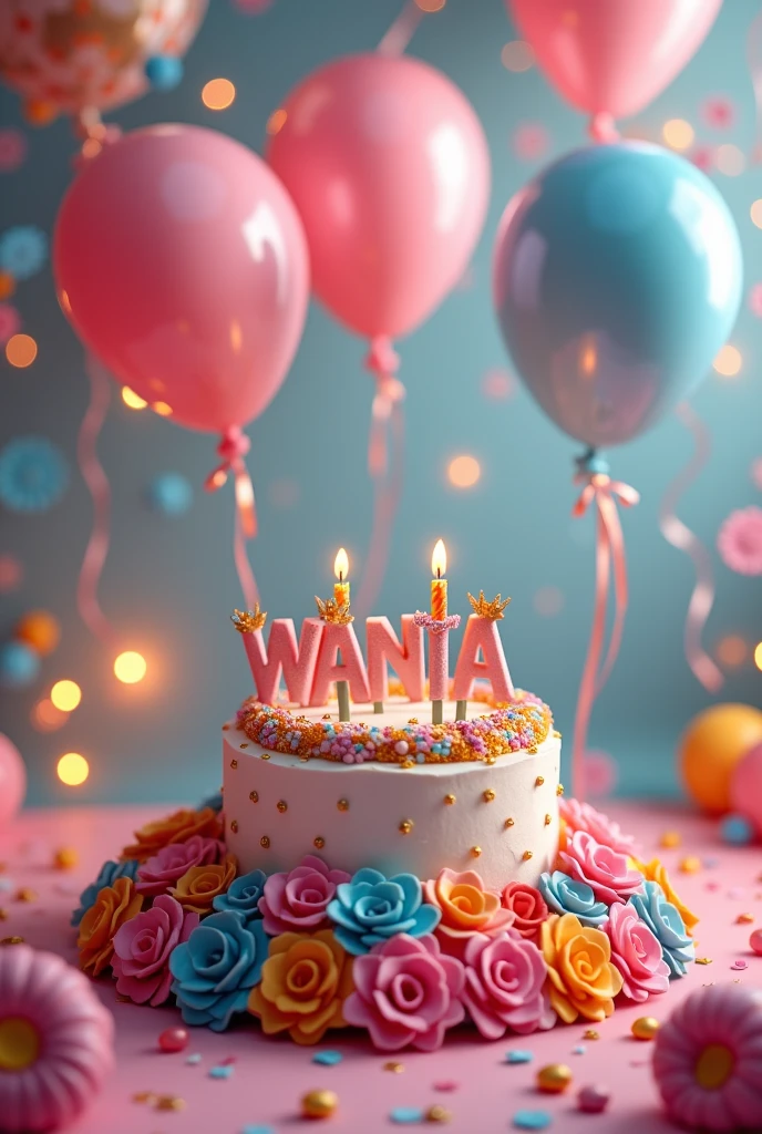 Birthday day wish with name wania Khan and birth day cake , 3dballoon,3d flowers