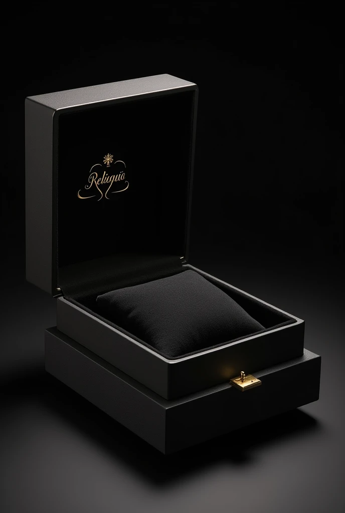 (masterpiece:1.3), (8K、photorealistic, Raw photo, best quality:1.4),Generate a luxurious and elegant black jewelry box designed for the brand 'Reliquia'. The box should have a sleek and minimalist design with smooth matte black or satin finish. The interior should feature a rich velvet lining, also in black, to add a sense of sophistication and luxury. The box should be sturdy and refined, with subtle metallic accents, such as a gold or silver clasp, to enhance its exclusivity. The brand's logo 'Reliquia' should be prominently displayed on the top of the box in an elegant gothic style, either embossed or printed in a contrasting metallic color like gold or silver. The overall vibe should be classy, timeless, and perfectly suited for showcasing high-end jewelry