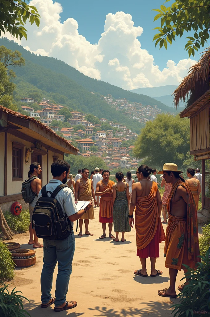 (To create a drawing that represents the anthropology of diversity based on ethnography, You could imagine a richly detailed scene reflecting the interaction of different cultures and traditions in an anthropological research context.. Here I describe a possible image:

### Image description:
- **General Context**: A landscape that combines urban and rural elements, representing the diversity of environments where an ethnographic study can be carried out. In the background, You could see a traditional village and a modern city coexisting, symbolizing the contrast and interconnection between the ancient and the contemporary.

- **Main elements**:
  - **Anthropologist in Action**: In the center of the image, An anthropologist is taking notes in a field notebook while observing an interaction between people from different cultures. He carries a backpack with a camera, voice recorder and other research instruments.
  
  - **cultural diversity**: Several people are gathered around the anthropologist.. Some are dressed in traditional costumes from different cultures. (For example, a Japanese kimono, an Indian sari, and an Andean clothing). Others wear modern clothes, showing how cultures can mix and coexist.
  
  - **Social Interactions**: People are interacting with each other, Sharing meals, performing traditional dances, and talking in different languages. This symbolizes the cultural exchange that is central to ethnographic studies..
  
  - **Cultural Objects**: Around the scene there are objects that represent different cultures., as ritual masks, musical instruments, and local crafts. These details add depth and authenticity to the representation of diversity..

- **Symbolism of Ethnography**: One area of the image might show a blackboard or panel where the anthropologist has sketched a map of the community., with notes and diagrams depicting their analysis