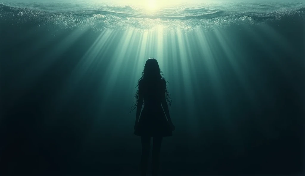 A person sinking in the dark sea, Long Hair, Simple Background, Backlight, abstract,