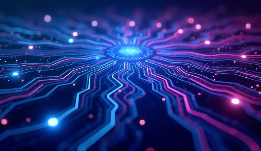 A technology-themed background featuring a complex circuit design in shades of blue and purple. The circuit lines are interconnected, creating a dynamic and futuristic pattern. The background should have a gradient effect, transitioning smoothly between the blue and purple hues, with glowing points where the circuit lines intersect, adding depth and an electric feel to the overall image