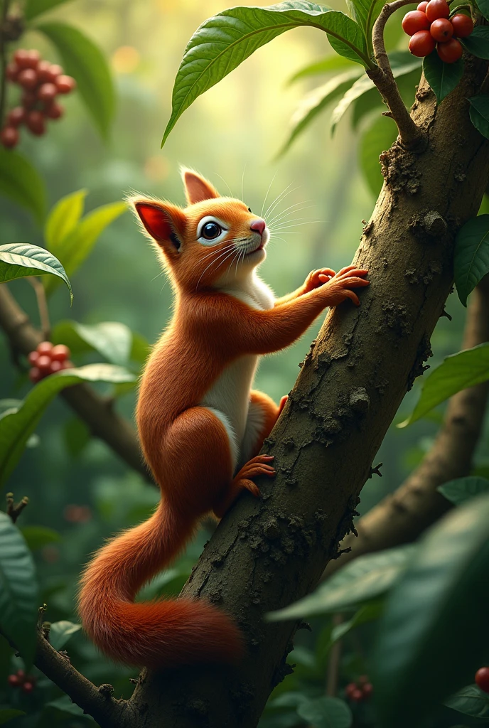 generate a brown squirrel as realistic as possible on a branch of geisha coffee and this one is in the jungle
