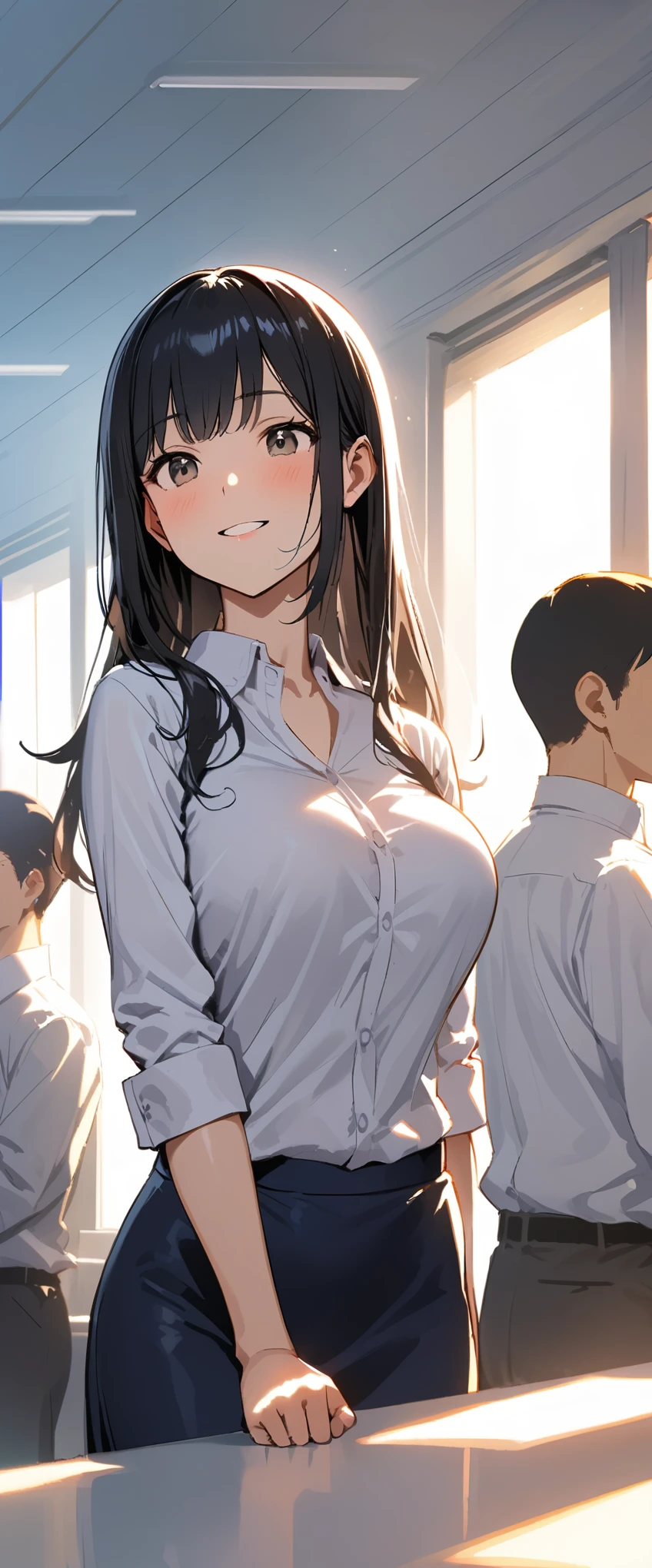 A meeting room bathed in sunlight, alone, Beautiful One\(clear, Intellectual White Blouse,Navy blue tight skirt, Beautiful black hair), Watching the audience, Smiling gently, Ample breasts