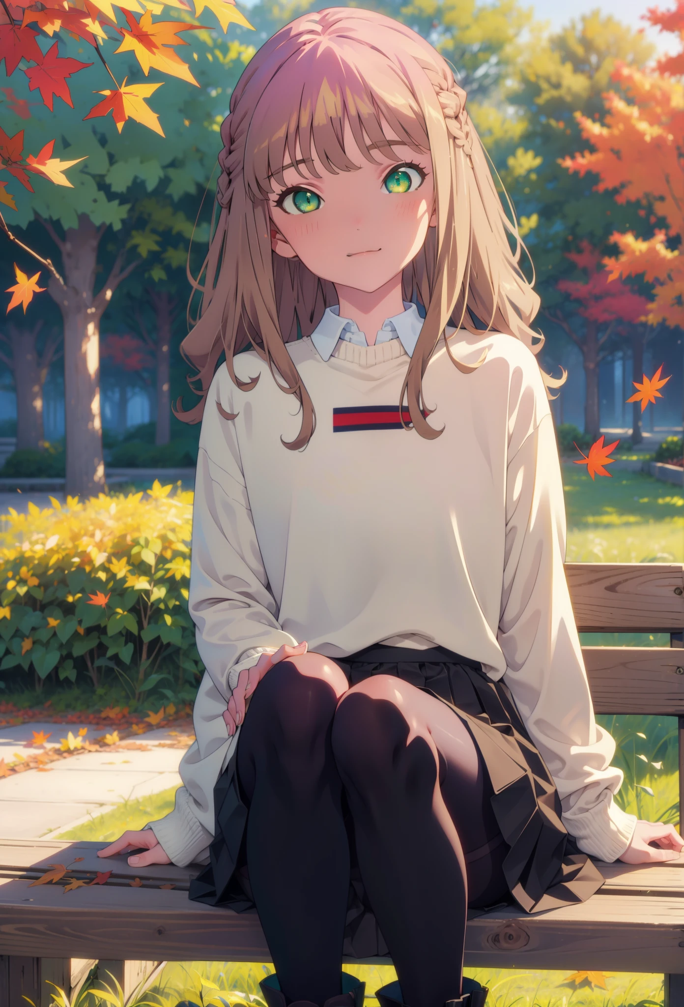 minami yume ,sss Dynazenon ,length, Long, thick braids, Brown Hair, smile,blush,(Green Eyes:1.5) ,Blue v-neck sweater,Long skirt,Black pantyhose,short boots,Walking,whole bodyがイラストに入るように,autumn leaves,autumn leavesが散っている,autumn leavesが積もっている,Sitting on a bench,
break looking at viewer, whole body,  
break outdoors, garden,
break (masterpiece:1.2), Highest quality, High resolution, unity 8k wallpaper, (shape:0.8), (Beautiful and beautiful eyes:1.6), Highly detailed face, Perfect lighting, Extremely detailed CG, (Perfect hands, Perfect Anatomy),