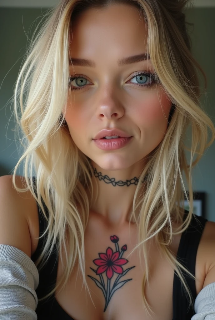 Selfie, wink, woman with cute baby face, attractive and seductive expression, your midrange, shy, straight blonde hair, brow, make up, blue colored eyes, superlative body proportions, flower neck tattoo,wearing a loose knit shirt, tight leather pants, engineer boots, artistic, hyper, CG graphic digital art