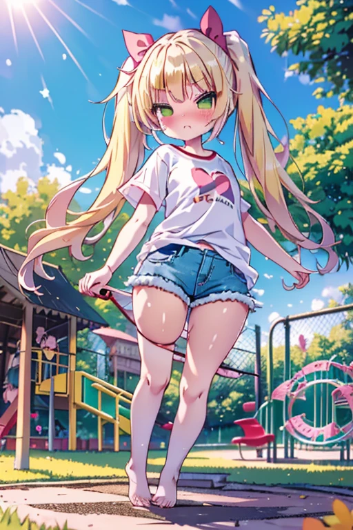 blush, sunlight, sunny, flowers, on a park, mesugake expression, ((mesugake expression at lens)) long hair, bows on pigtails, white bows, (Female teen, golden blond hair in pigtails, green, eyes, fair skin), (white oversized t-shirt), (short denim shorts), mesugake face, barefoot, ((At a childrens playground)), bratty, spoiled, oversized t-shirt, sassy pose