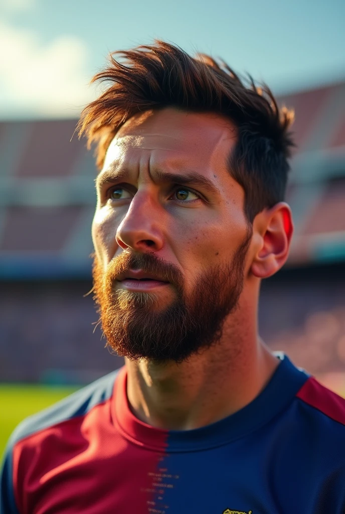 a professional soccer player messi, ultra detailed portrait, photorealistic, 8k, highly detailed face, beautiful eyes, strong jawline, short curly hair, wearing a blue and red jersey, standing on a soccer field, dynamic action pose, sun glare, dramatic lighting