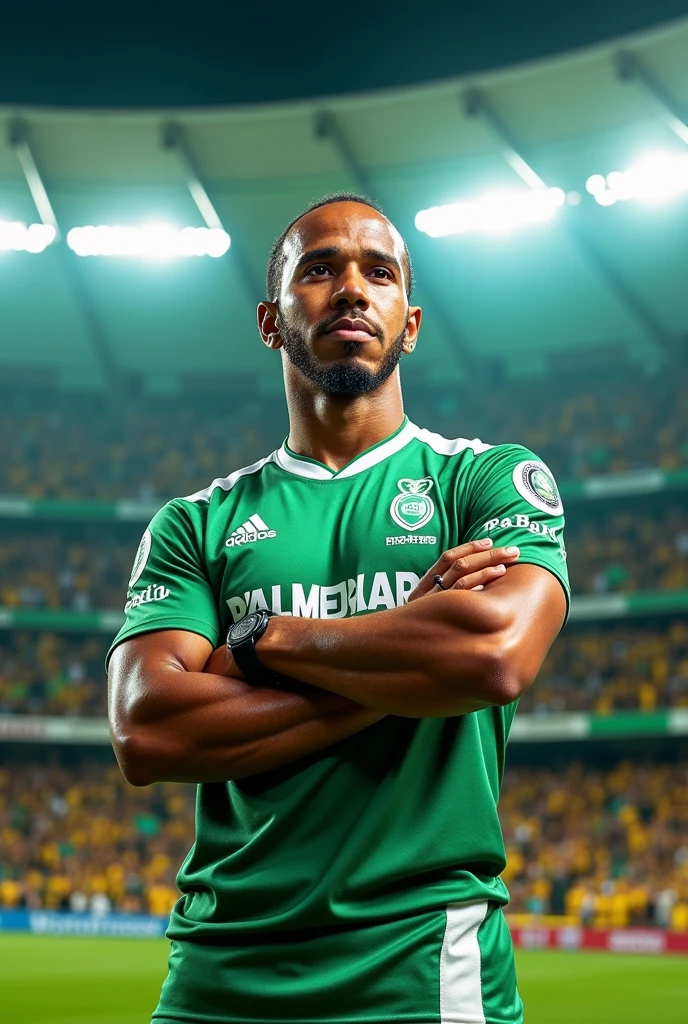 Lewis Hamilton wearing the Palmeiras jersey 