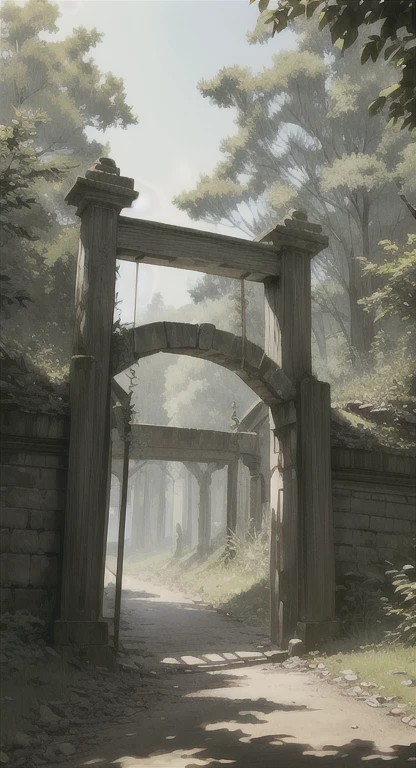 Masterpiece, best quality, Ancient, abandoned gate in the Forest,