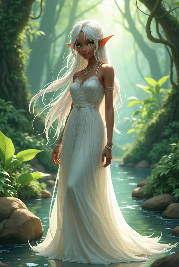 Anime woman with dark skin, green eyes, white hair and elf ears wearing a white dress and loose hair, tall adult