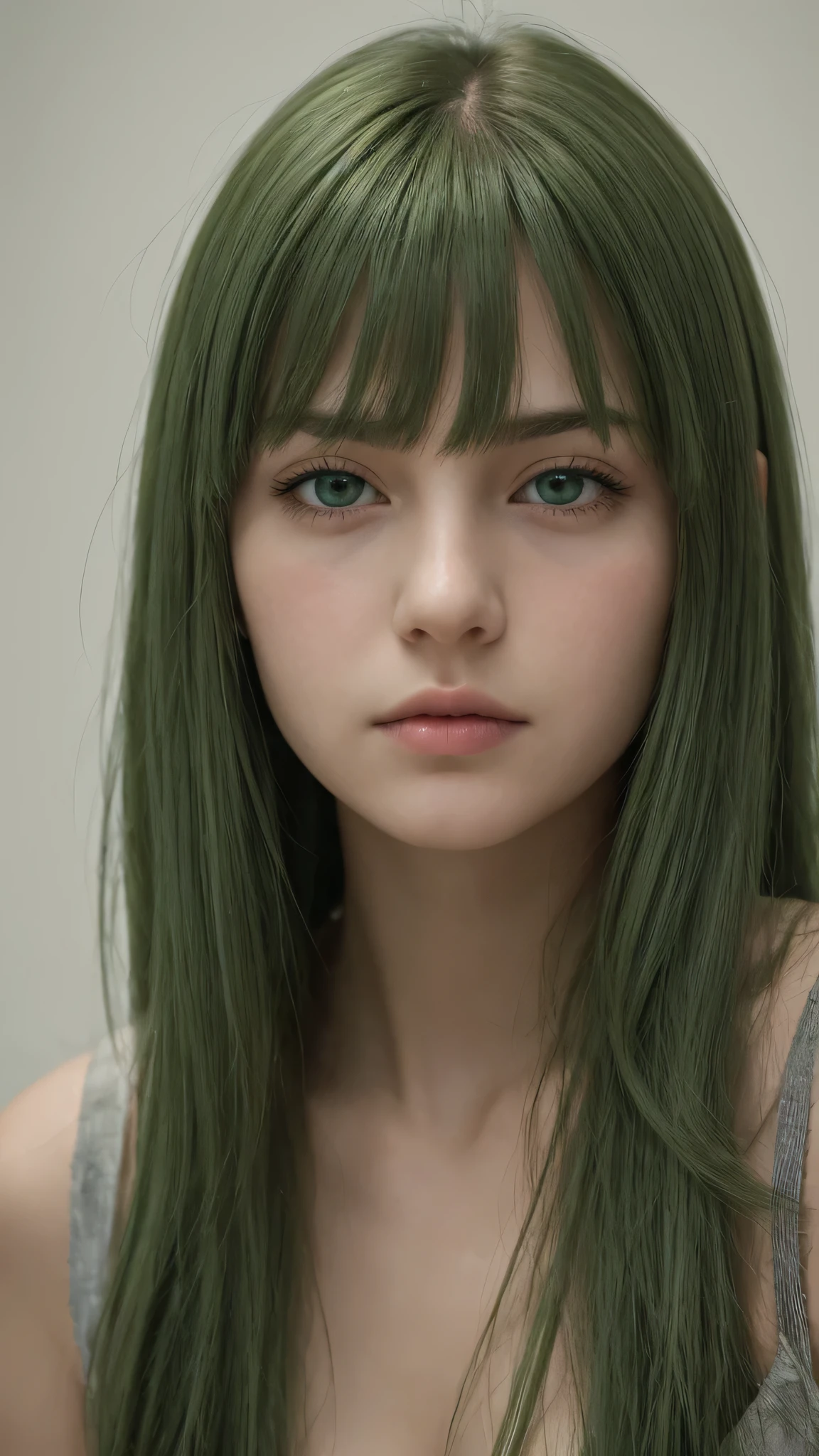 a girl. European. Extremely detailed face. Oval face. Delicate features. Half-closed eyes. Long straight hair. Messy hair. Bangs. Green hair. Green eyes. Angry. Shy. Straight face